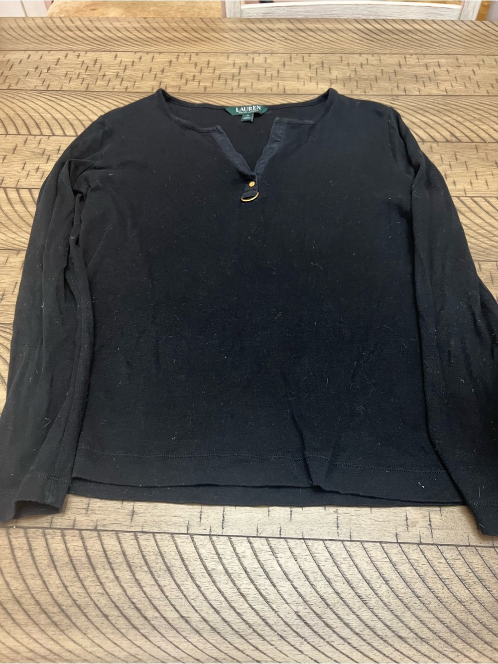 Women’s Ralph Lauren Black Henley Top with Gold Ring Accent Size Med.